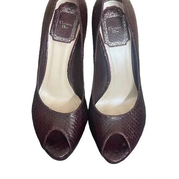 Christian Dior Python Leather Peep Toe Pumps Heels Burgundy Wine size 351/2 (5.5 - Picture 5 of 15